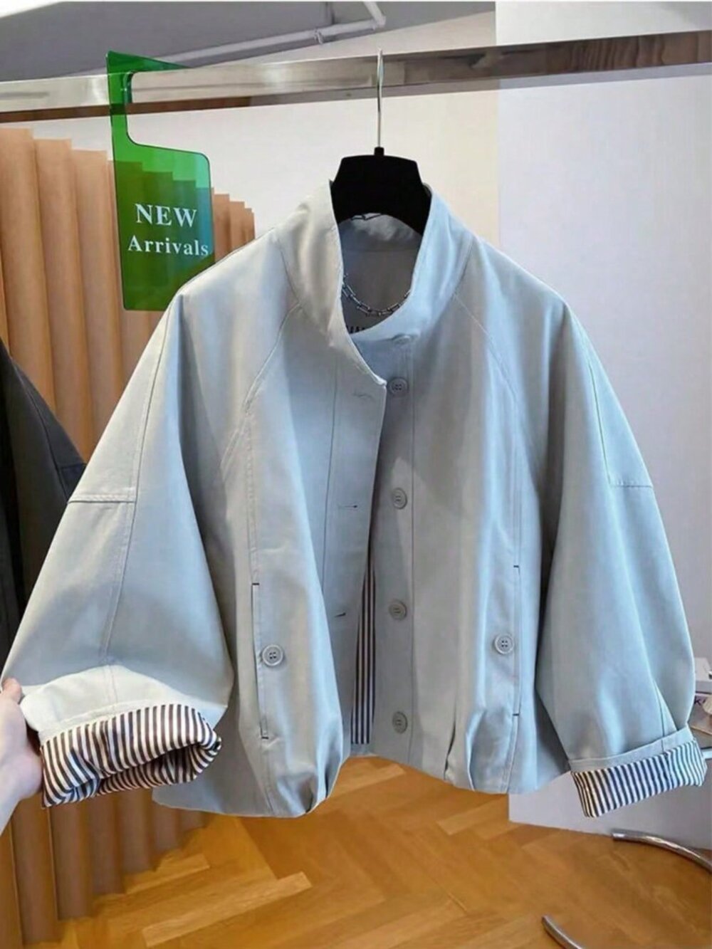 Light Blue Casual Women's Stand Collar Windbreaker Jacket